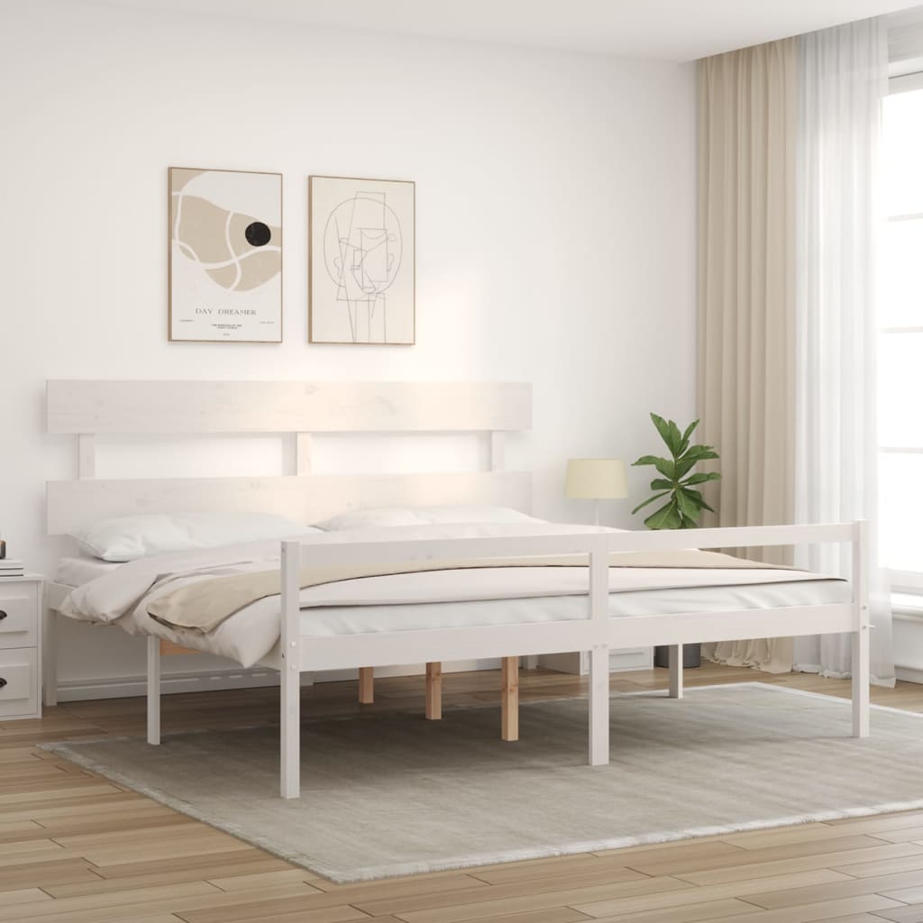 vidaXL Cama matrimonio personas mayores cabecero madera maciza blanco