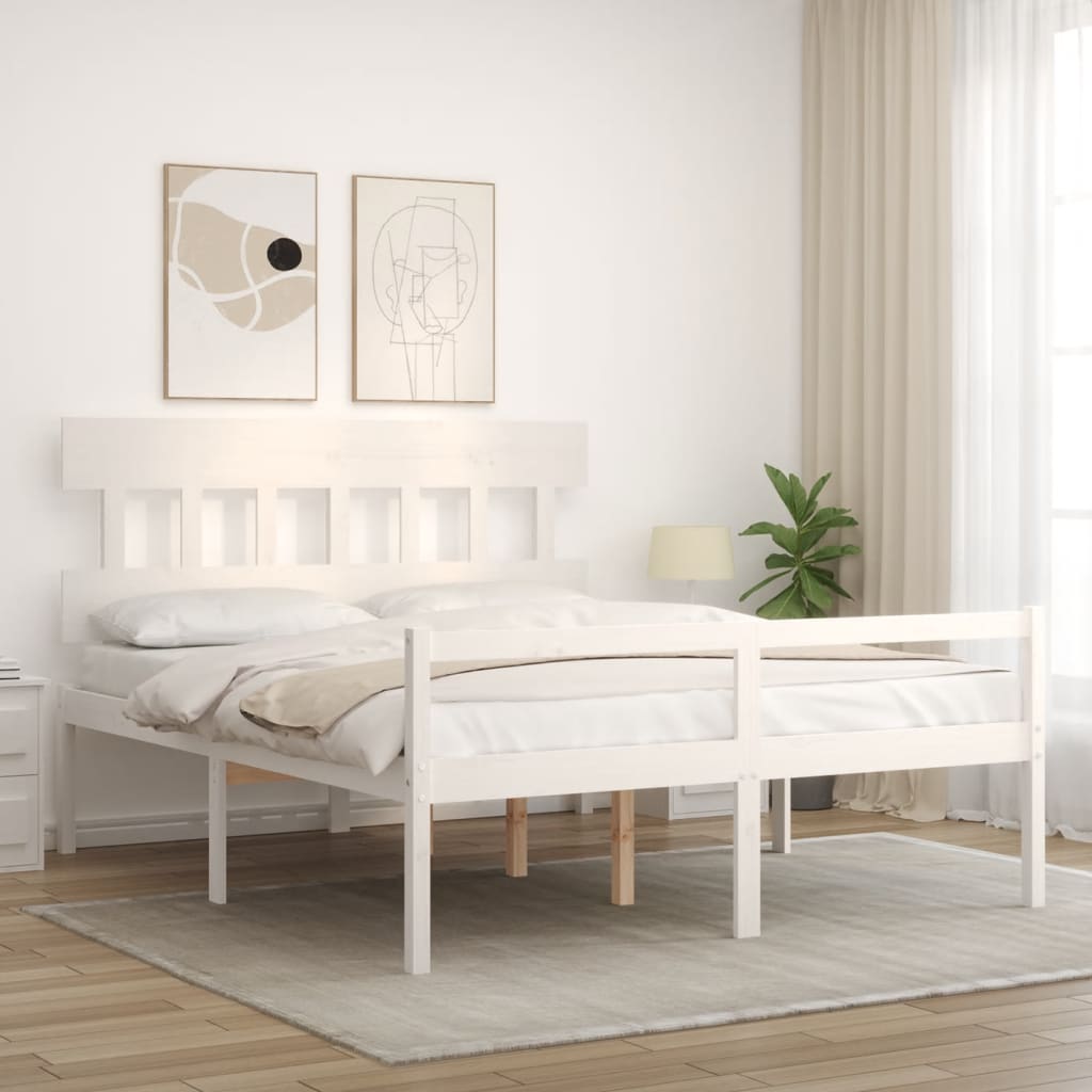 vidaXL Cama matrimonio personas mayores cabecero madera maciza blanco