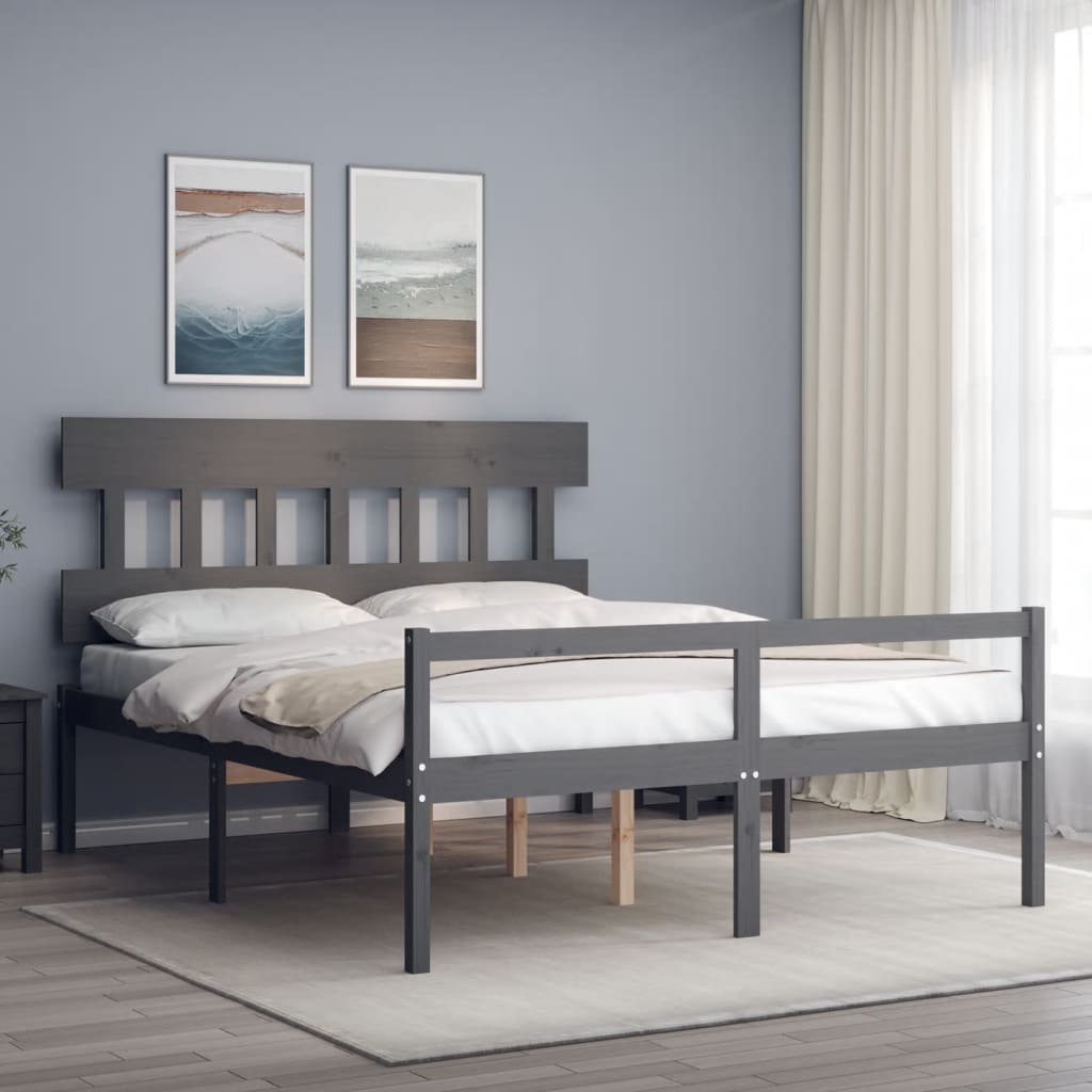 vidaXL Cama de matrimonio personas mayores cabecero madera maciza gris