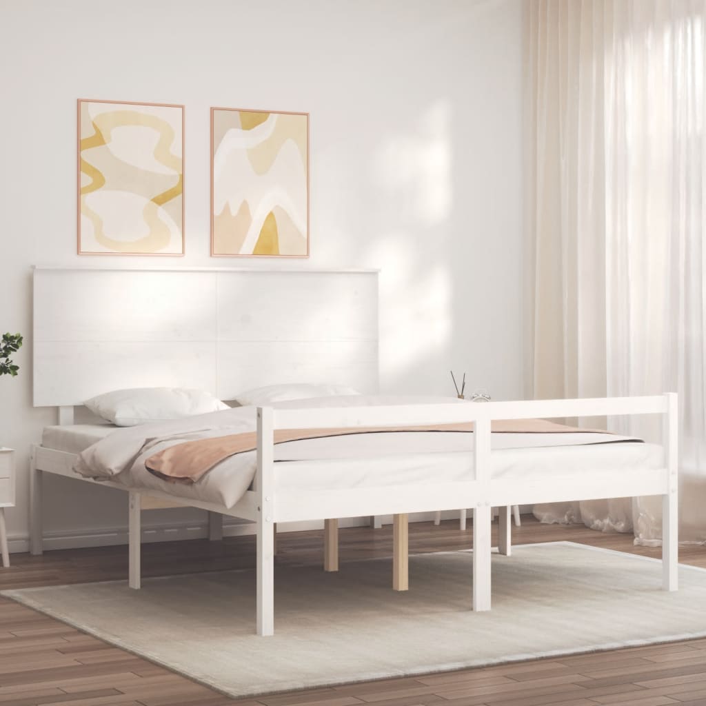 vidaXL Cama matrimonio personas mayores cabecero madera maciza blanco