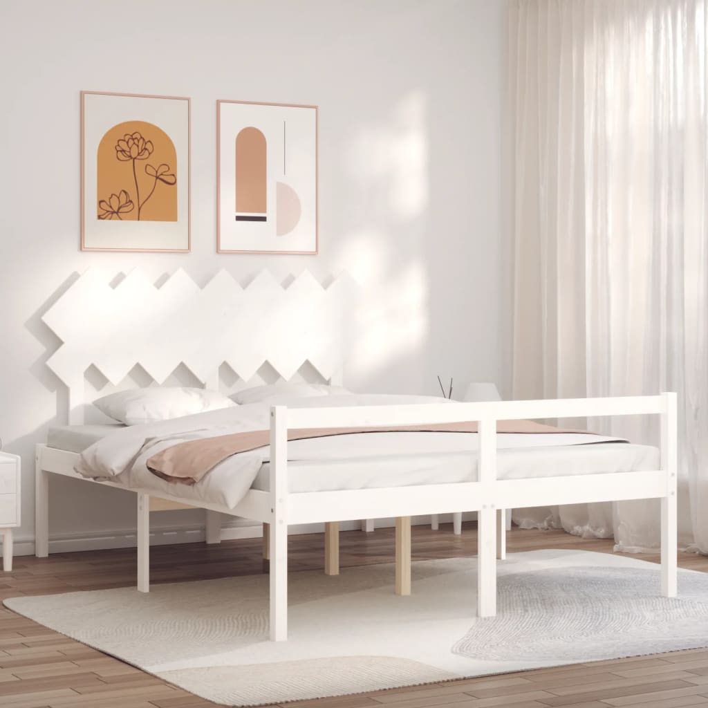 vidaXL Cama matrimonio personas mayores cabecero madera maciza blanco