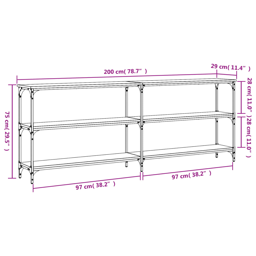 vidaXL Mesa consola madera de ingeniería negra 200x29x75 cm