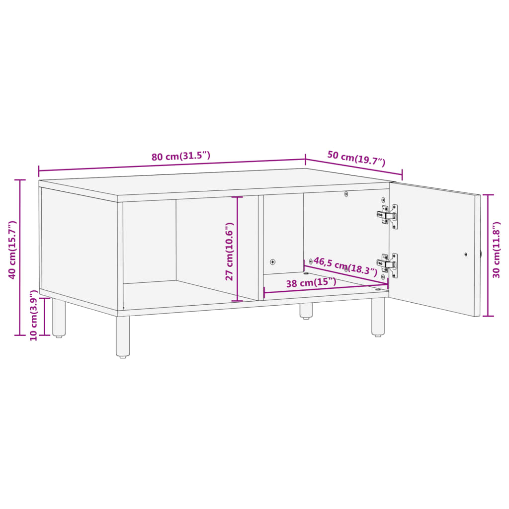 vidaXL Mesa de centro de madera maciza de mango 80x50x40 cm