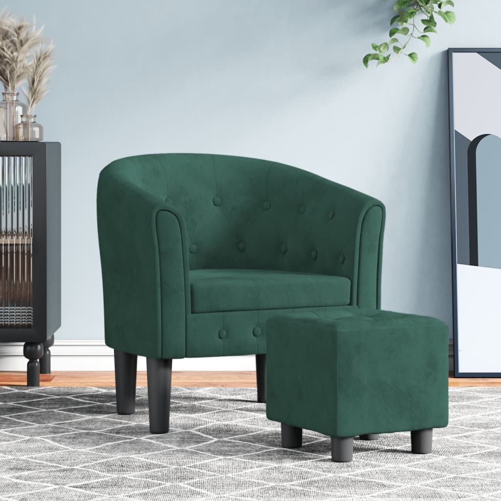 vidaXL Sillón con taburete terciopelo verde oscuro