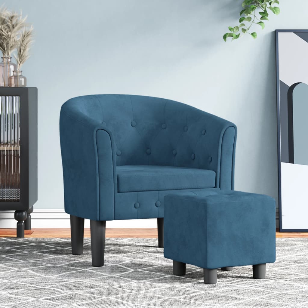 vidaXL Sillón con taburete terciopelo azul oscuro