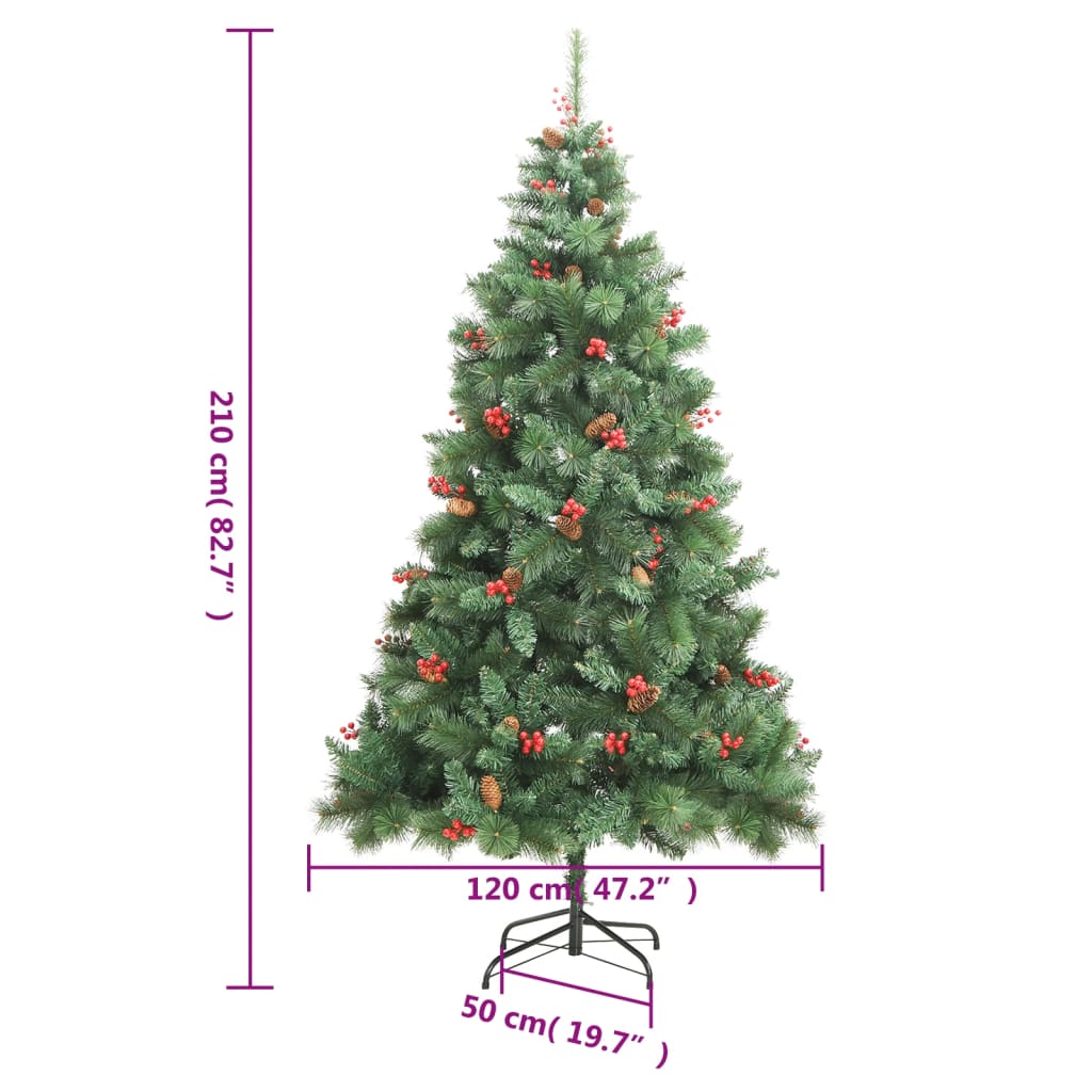 vidaXL Árbol de Navidad artificial con piñas y bayas 210 cm