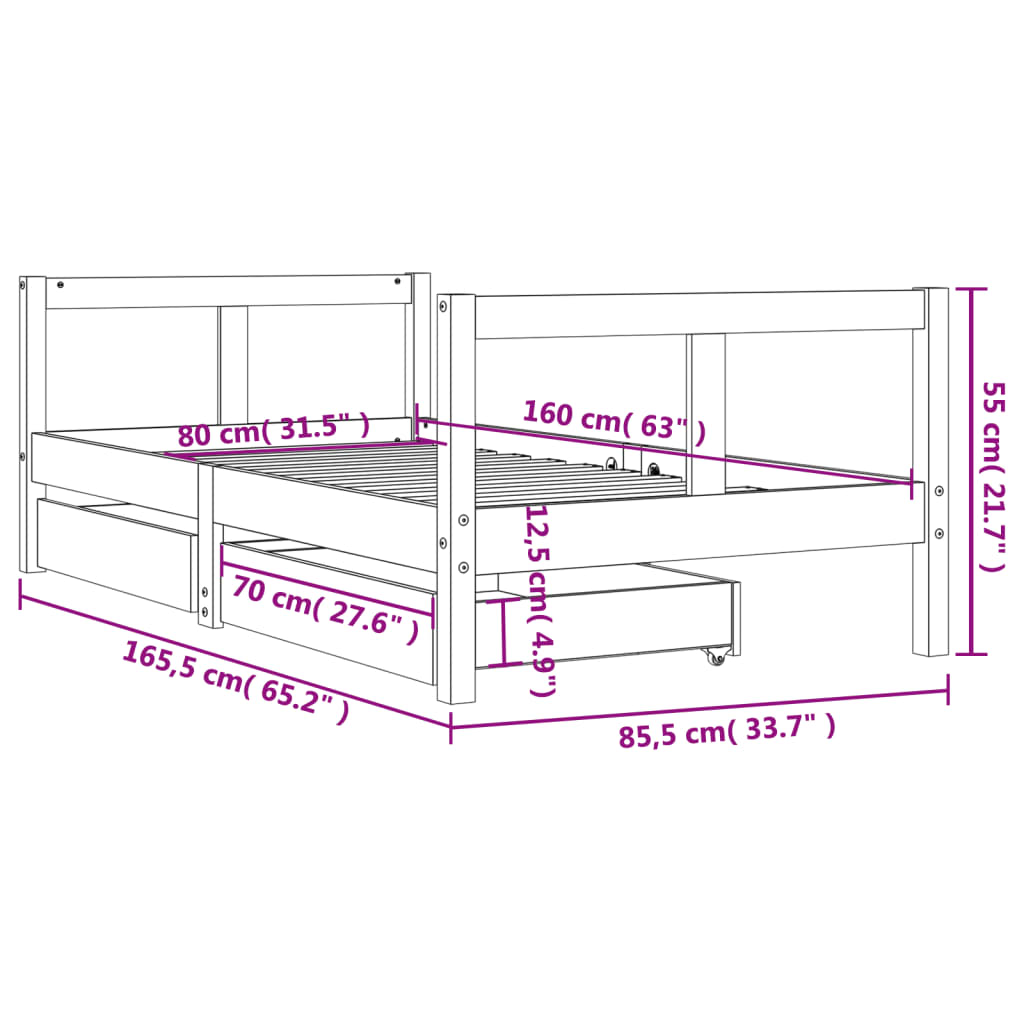 vidaXL Estructura cama infantil y cajones madera pino blanco 80x160 cm