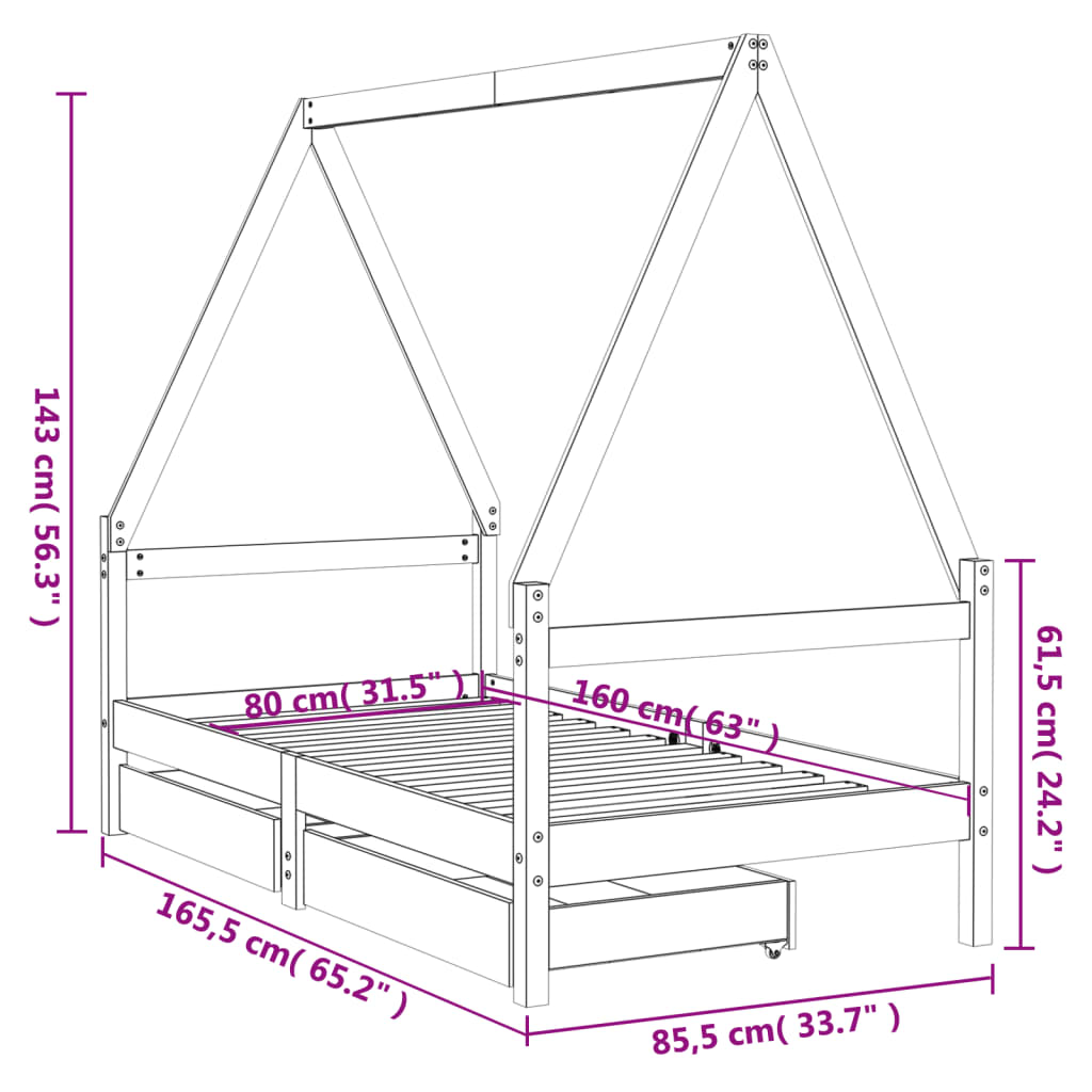 vidaXL Estructura cama infantil y cajones madera pino negro 80x160 cm