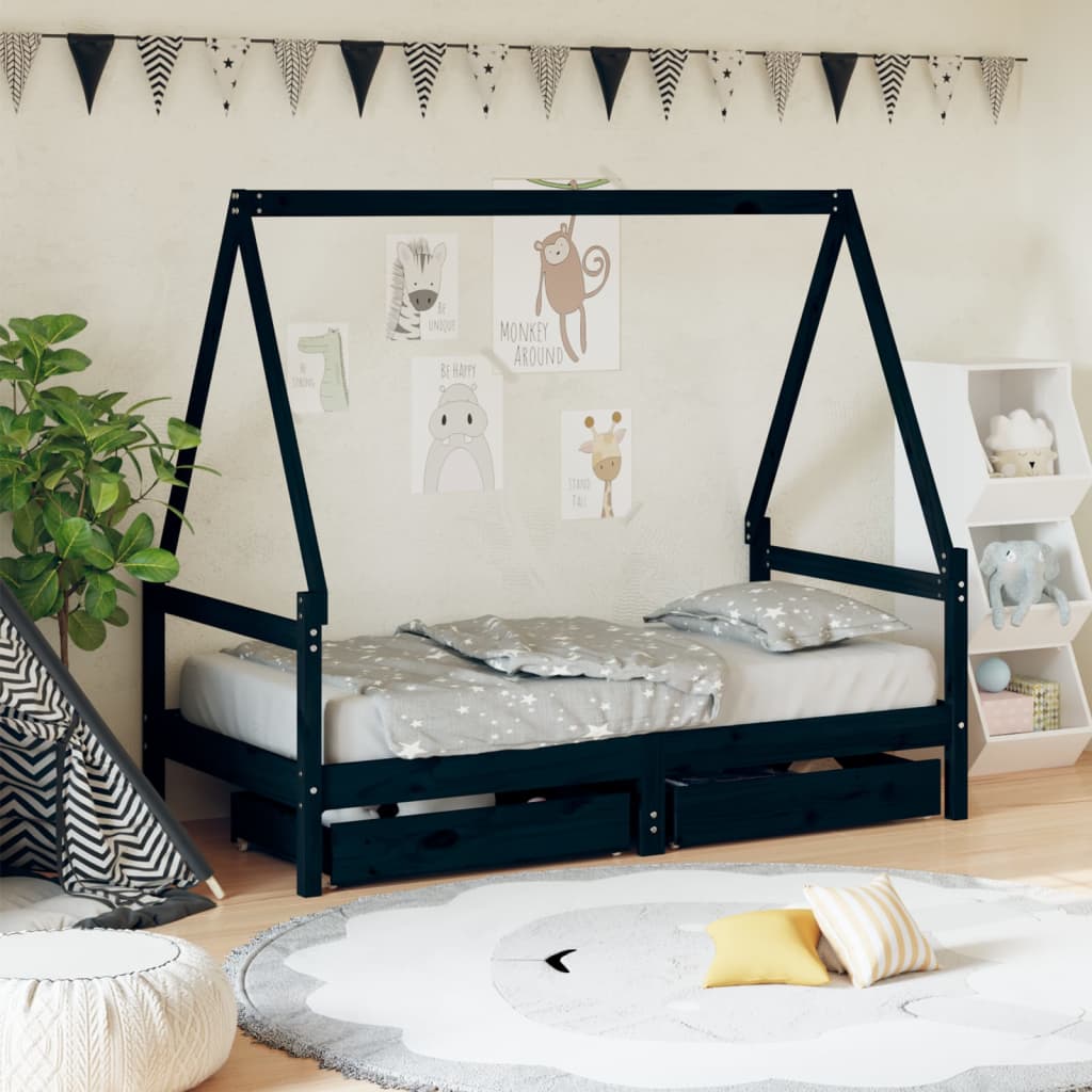 vidaXL Estructura cama infantil y cajones madera pino negro 80x160 cm