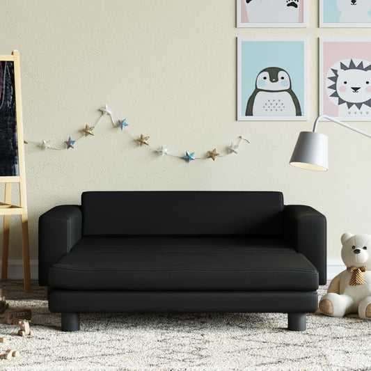 vidaXL Sofá para niños y reposapiés cuero sintético negro 100x50x30 cm