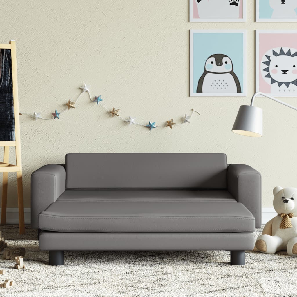 vidaXL Sofá para niños con reposapiés cuero sintético gris 100x50x30cm