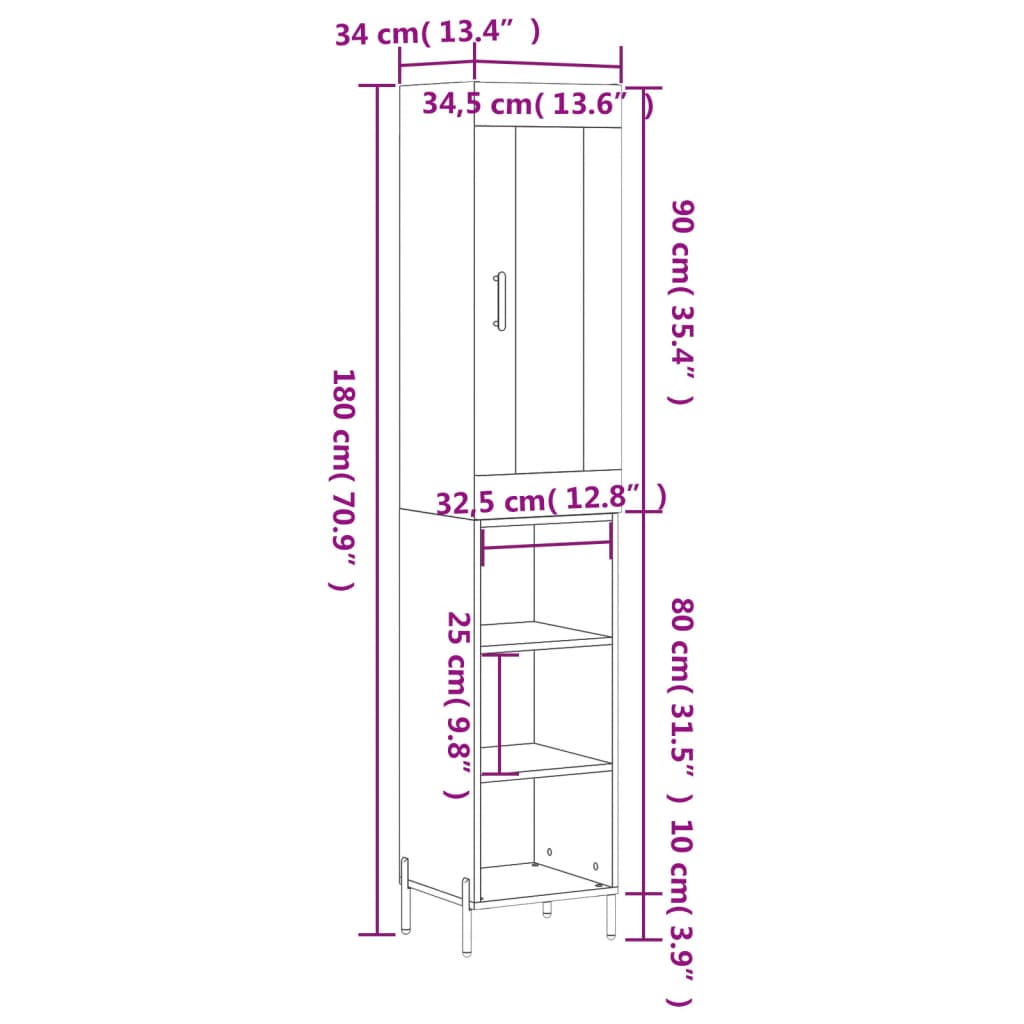 vidaXL Aparador alto madera contrachapada gris Sonoma 34,5x34x180 cm