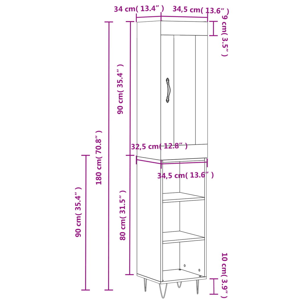 vidaXL Aparador alto madera contrachapada blanco 34,5x34x180 cm