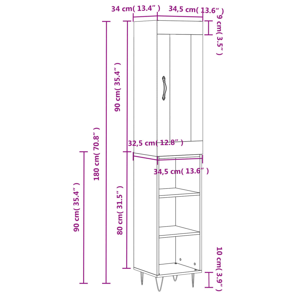 vidaXL Aparador alto madera contrachapada roble marrón 34,5x34x180 cm