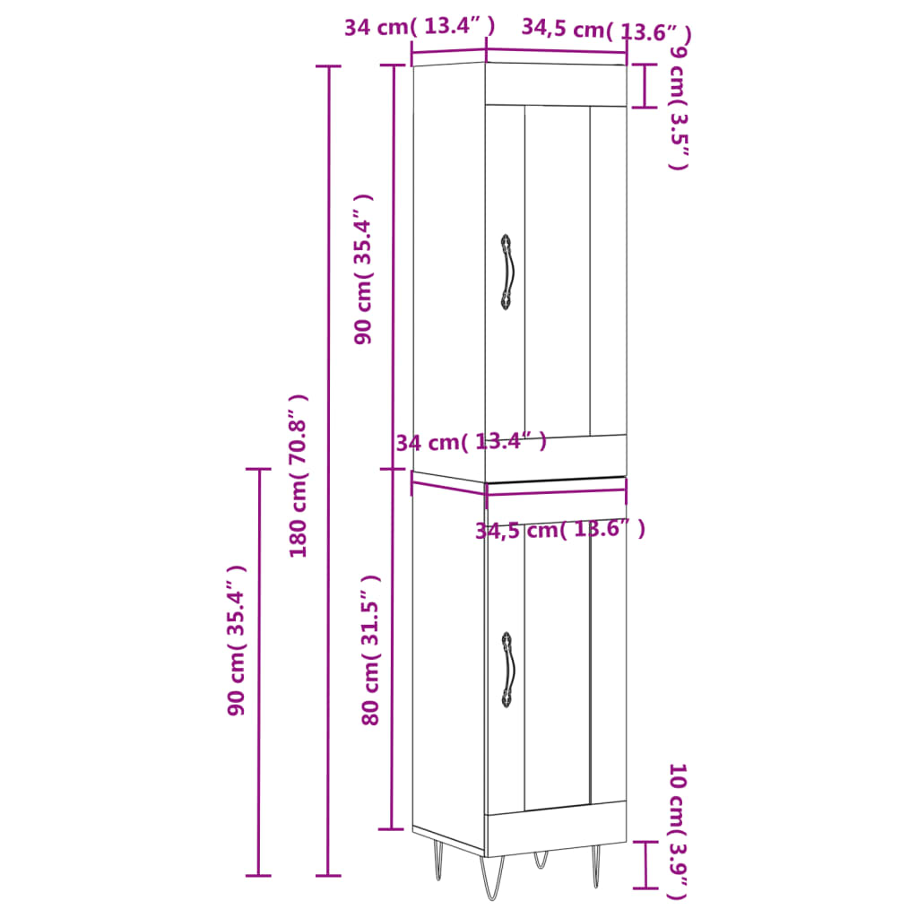 vidaXL Aparador alto madera contrachapada blanco 34,5x34x180 cm