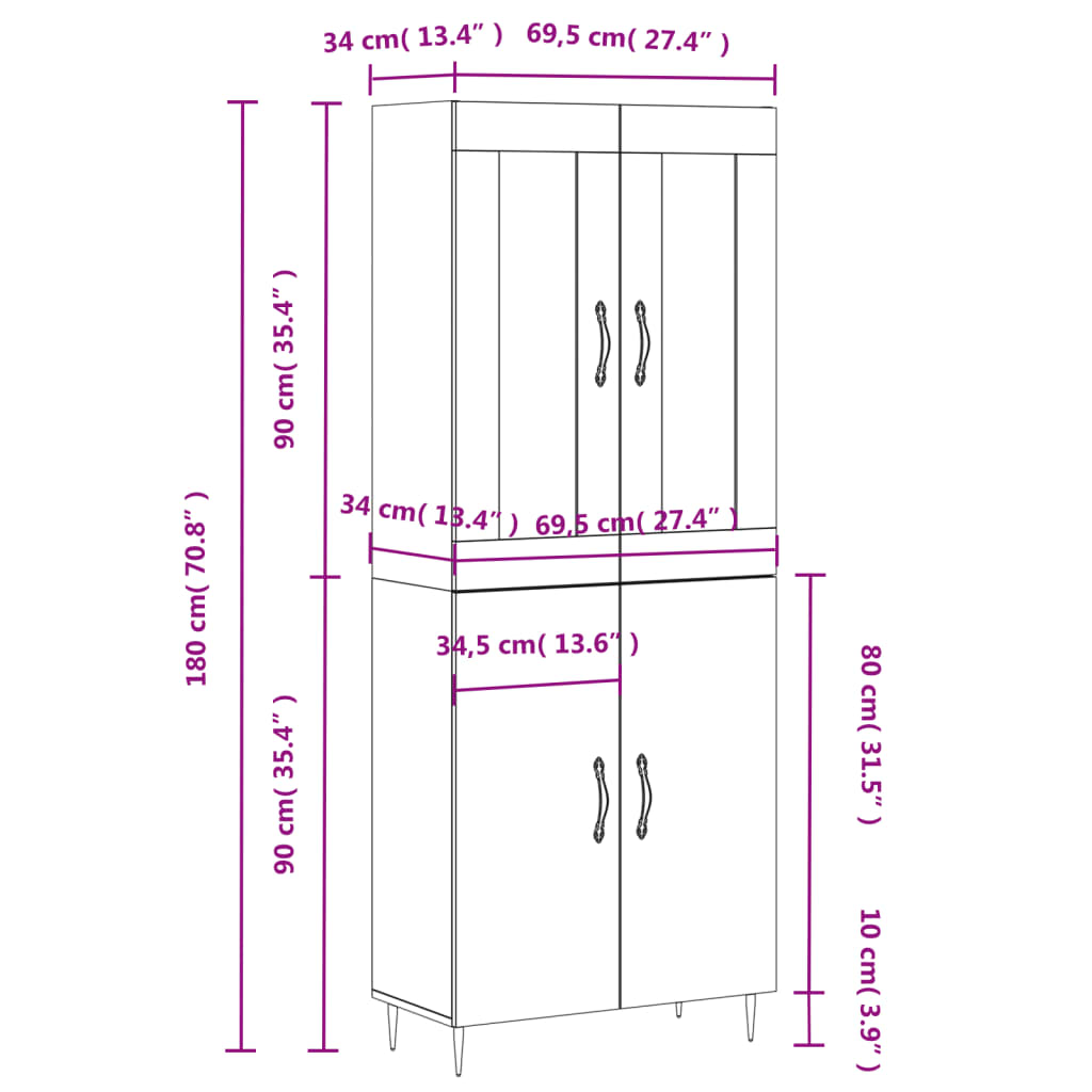 vidaXL Aparador alto madera contrachapada blanco brillo 69,5x34x180 cm