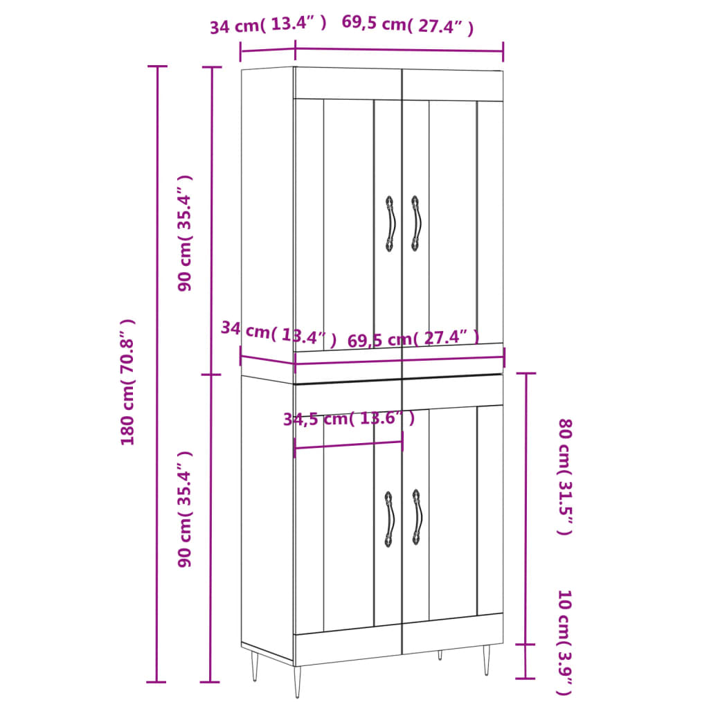 vidaXL Aparador alto madera contrachapada marrón roble 69,5x34x180 cm