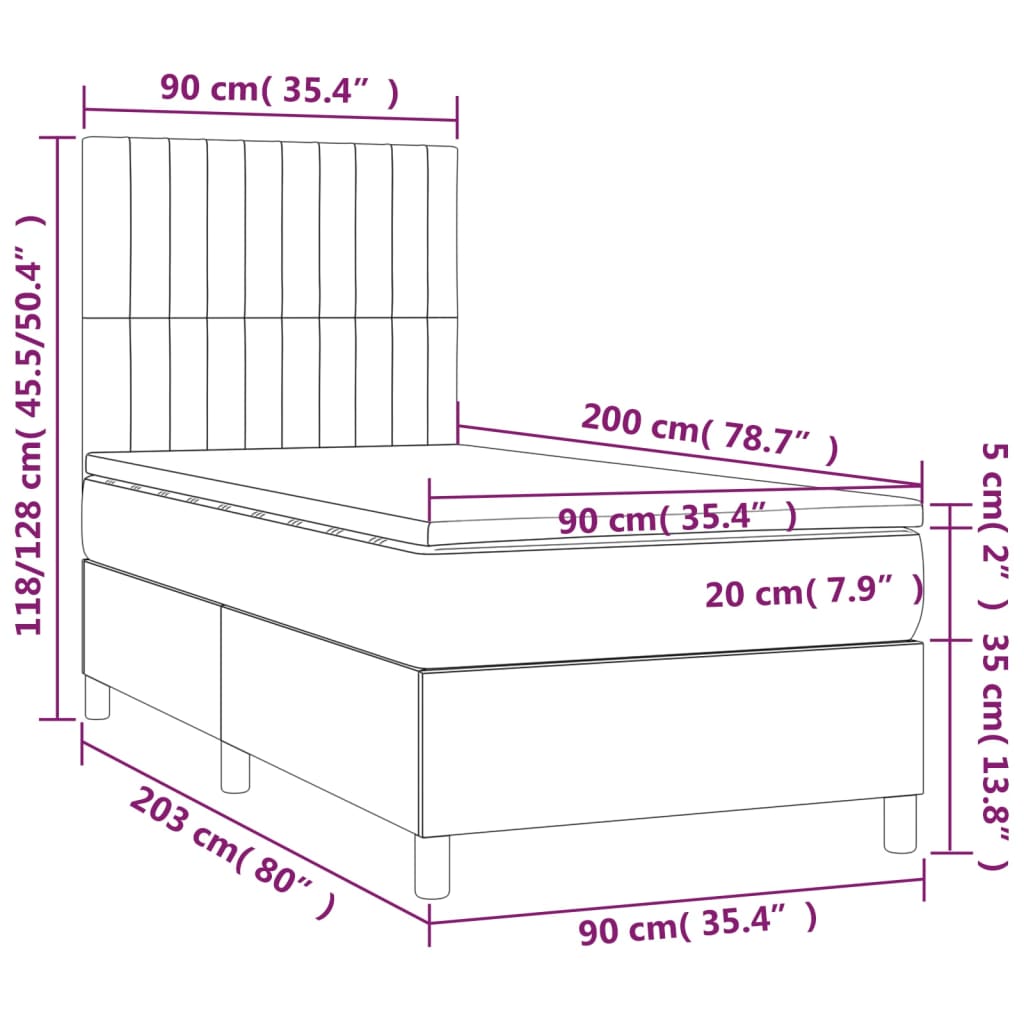 vidaXL Cama box spring con colchón tela gris oscuro 90x200 cm