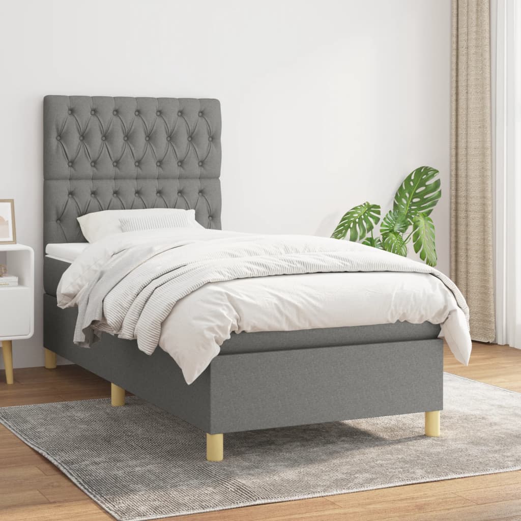 vidaXL Cama box spring con colchón tela gris oscuro 90x200 cm