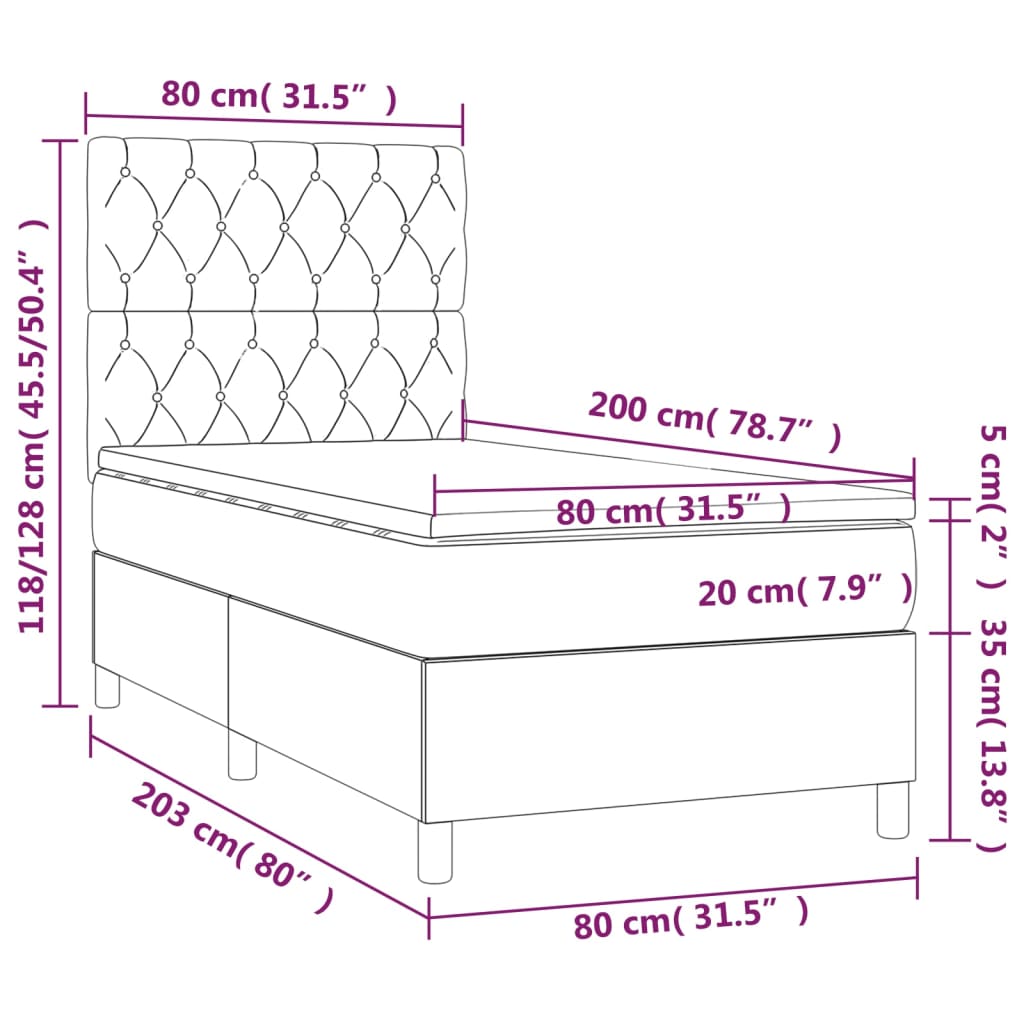 vidaXL Cama box spring con colchón terciopelo gris claro 80x200 cm