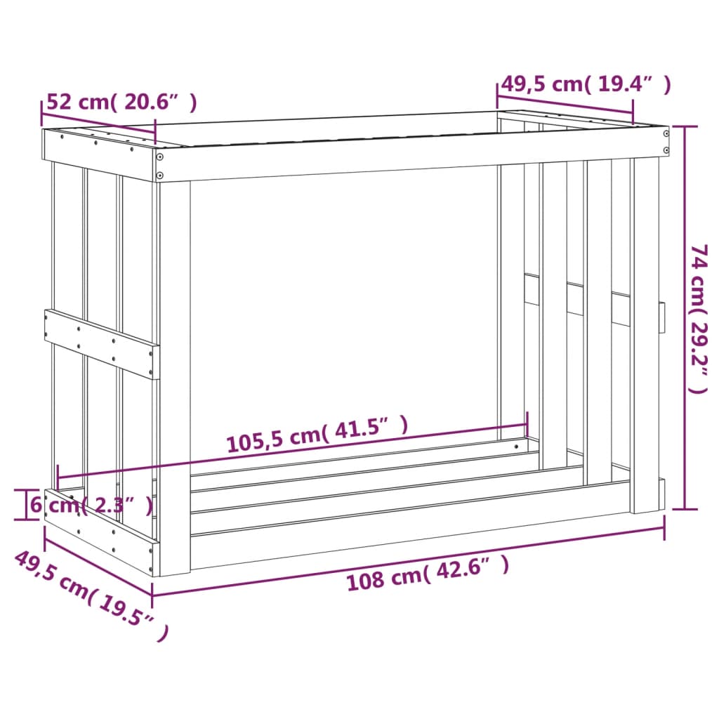 vidaXL Soporte para leña de exterior madera maciza pino 108x52x74 cm