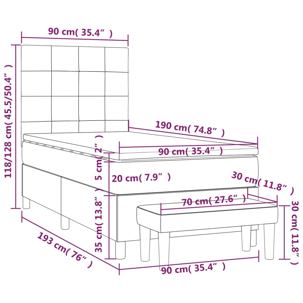 vidaXL Cama box spring con colchón terciopelo gris claro 90x190 cm