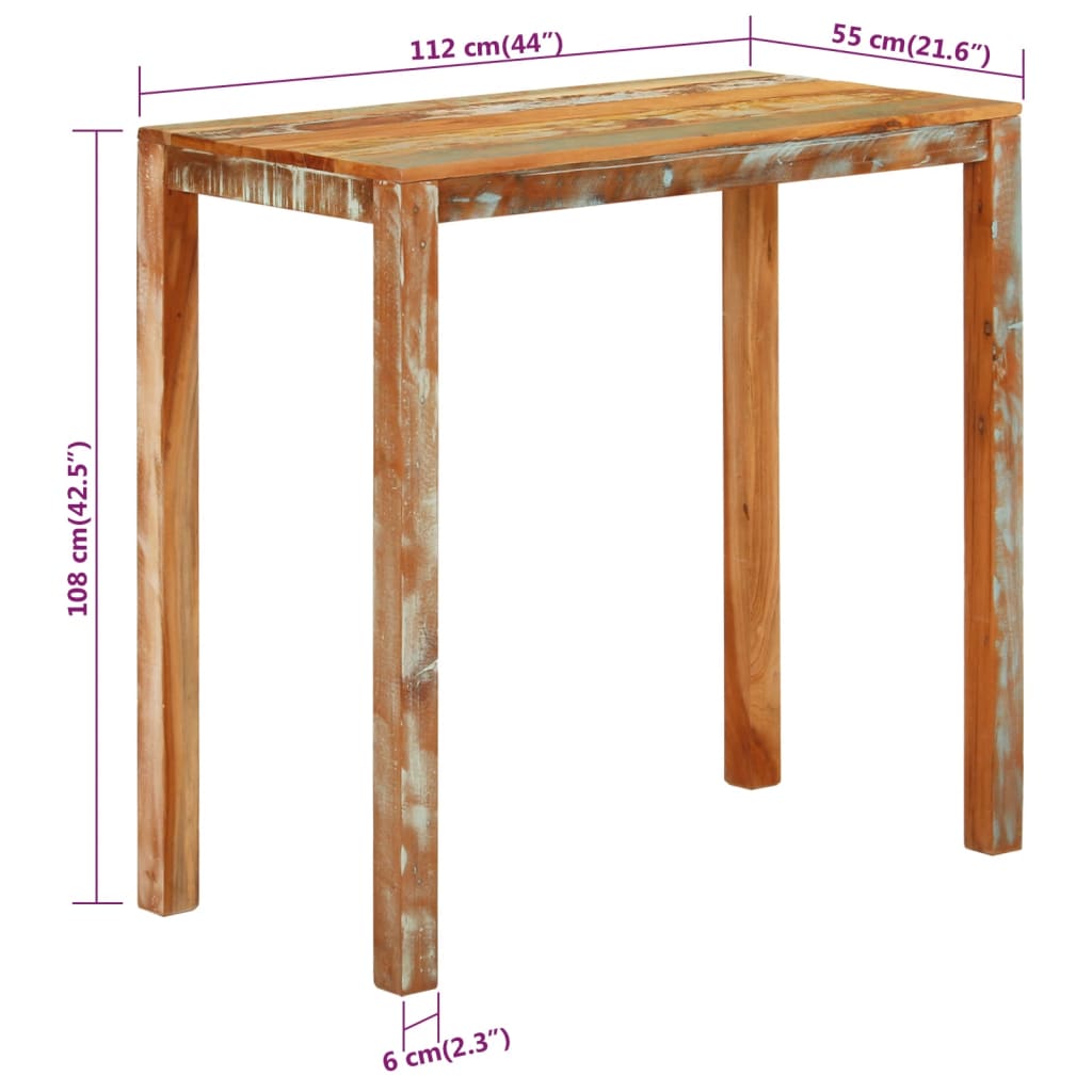 vidaXL Mesa alta de bar madera maciza reciclada 112x55x108 cm