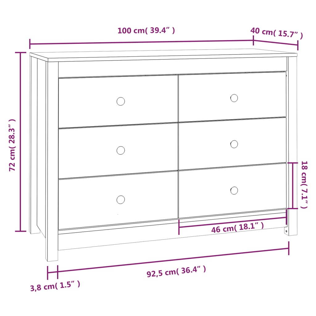 vidaXL Armario auxiliar de madera maciza de pino blanco 100x40x72 cm