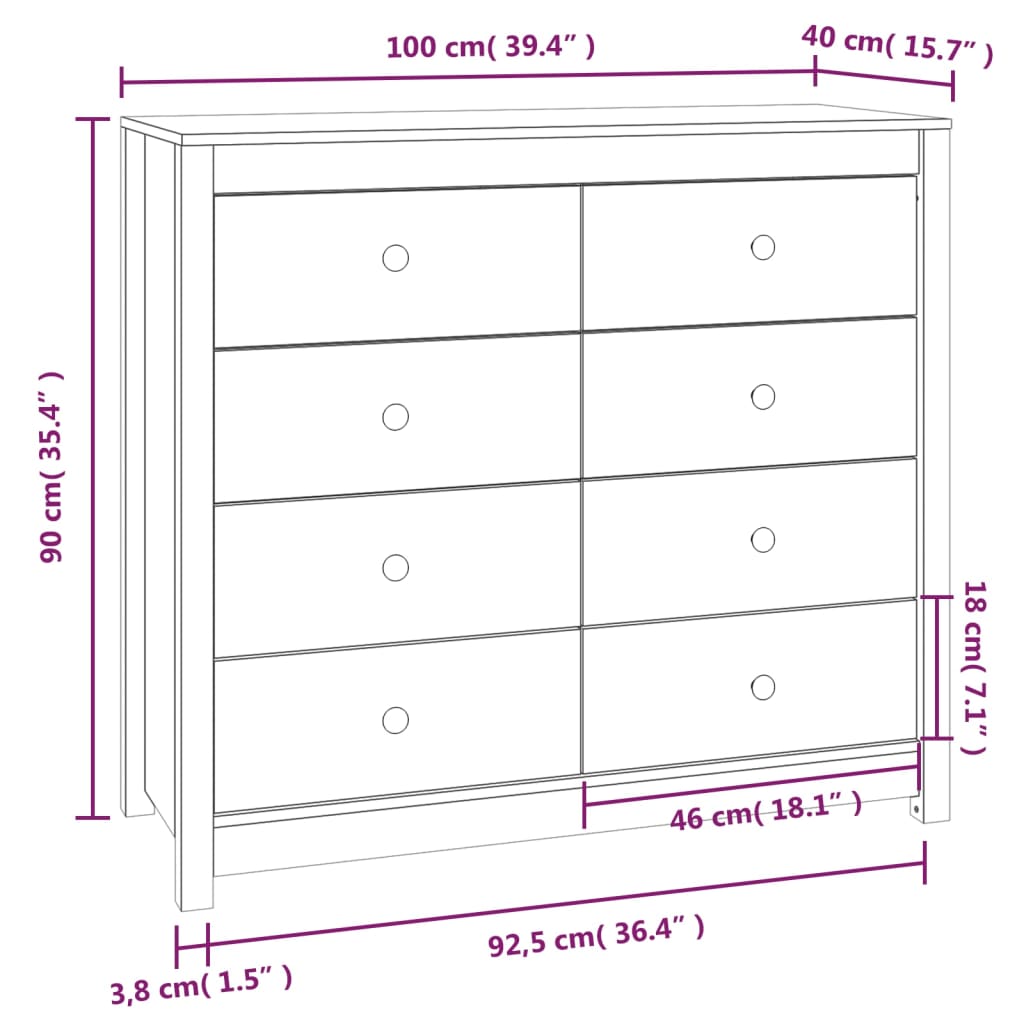 vidaXL Armario auxiliar madera maciza de pino blanco 100x40x90 cm