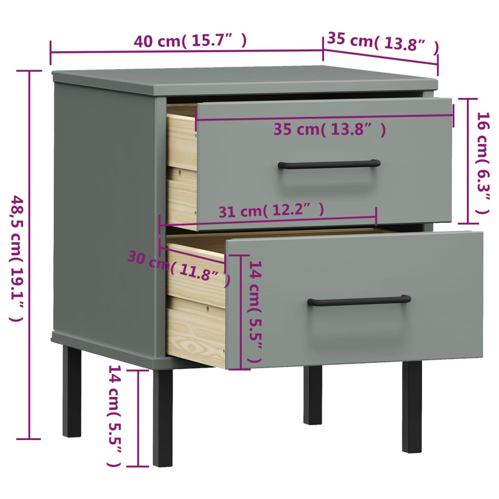 vidaXL Mesita de noche patas de metal madera maciza pino gris OSLO