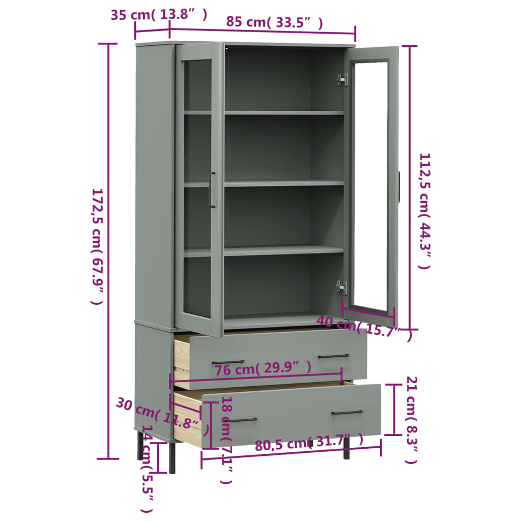 vidaXL Librería patas de metal OSLO madera maciza gris 85x35x172,5cm