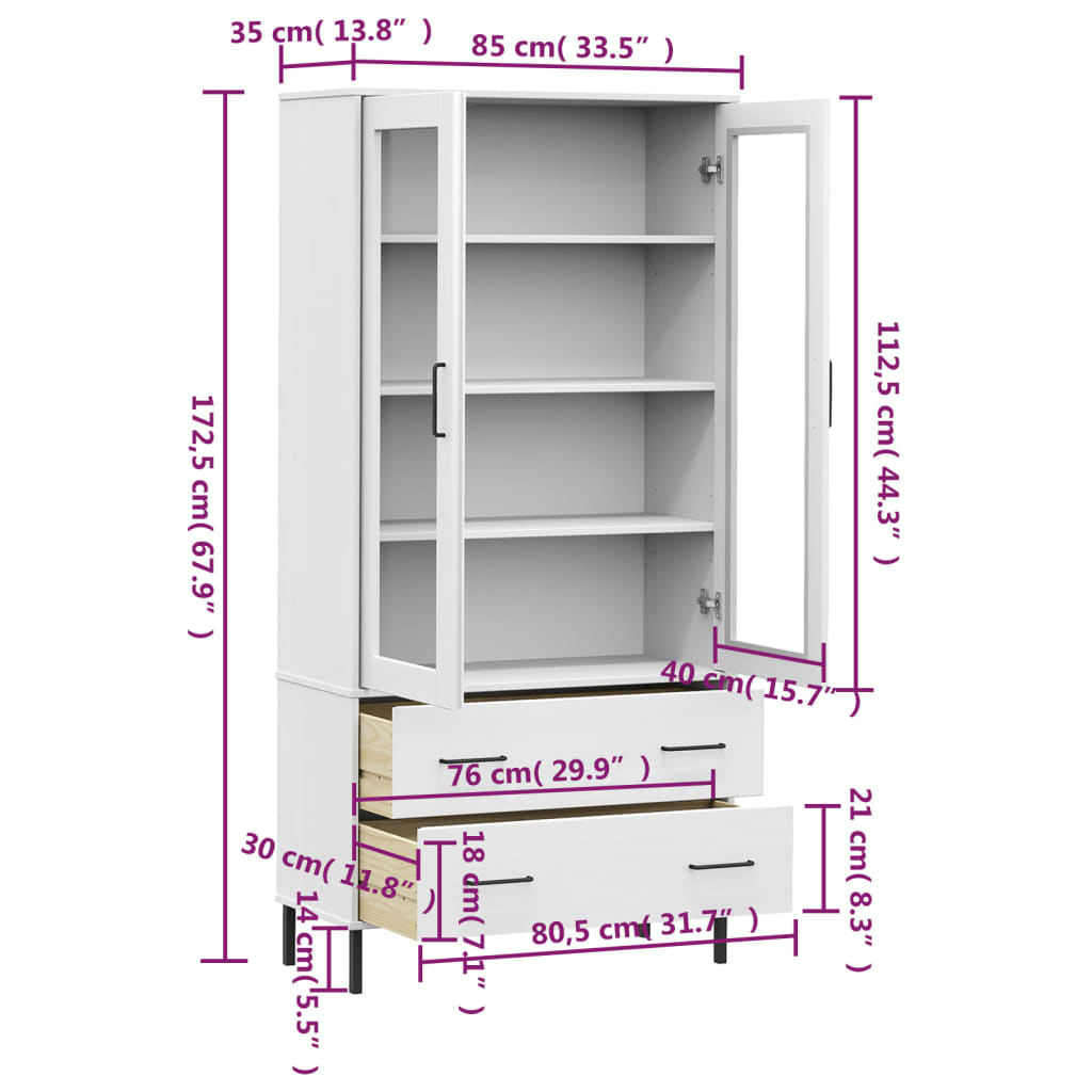 vidaXL Librería patas de metal OSLO madera maciza blanco 85x35x172,5cm