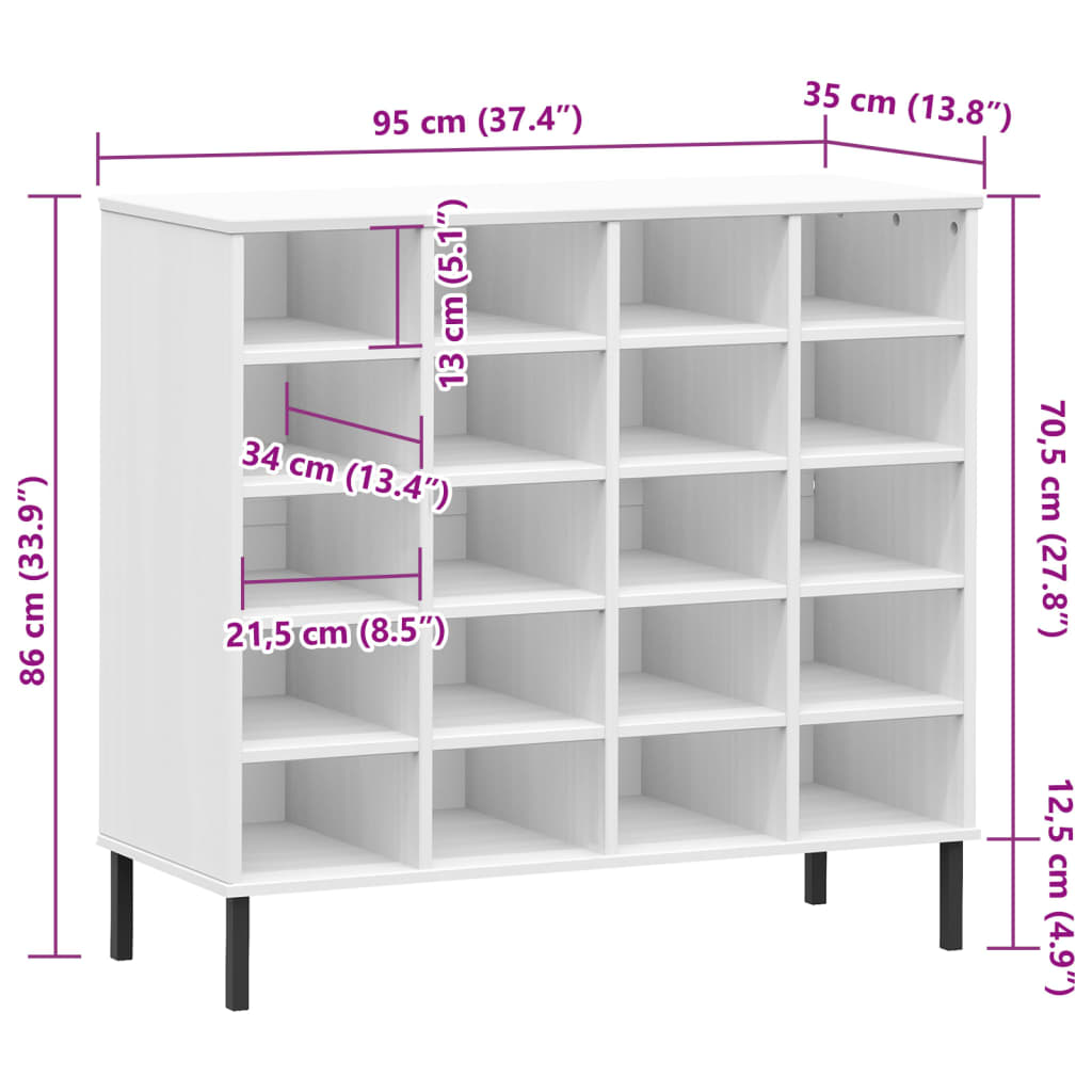 vidaXL Zapatero patas de metal OSLO madera maciza blanco 95x35x86 cm