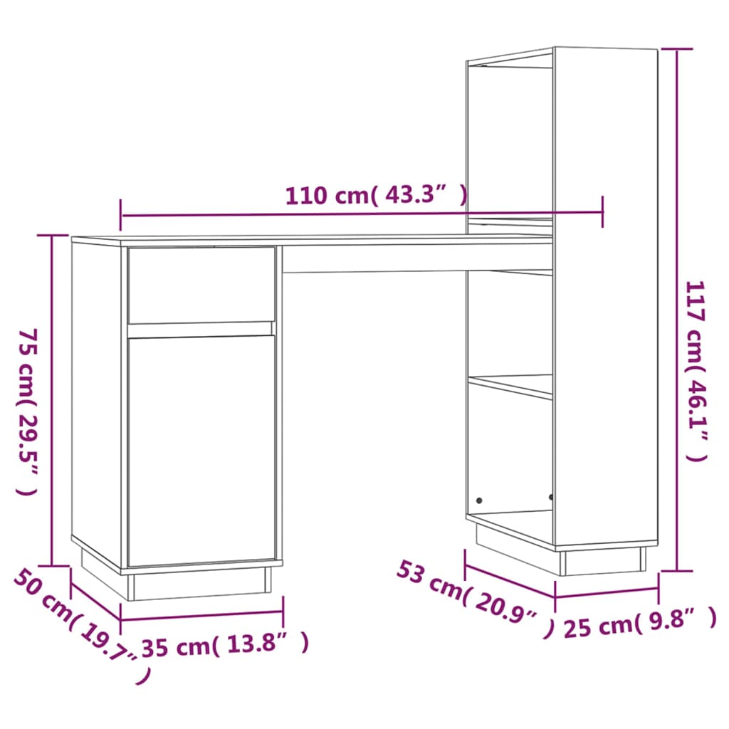 vidaXL Escritorio de madera maciza de pino 110x53x117 cm