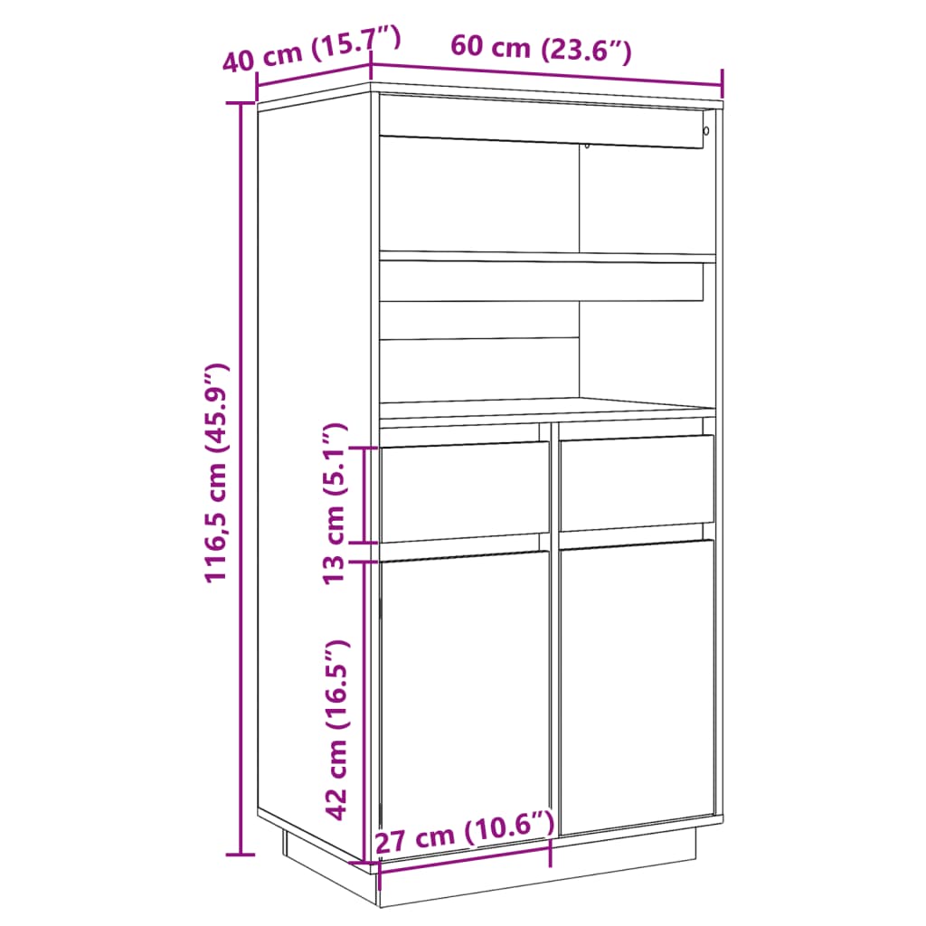 vidaXL Aparador alto de madera maciza de pino negro 60x40x116,5 cm