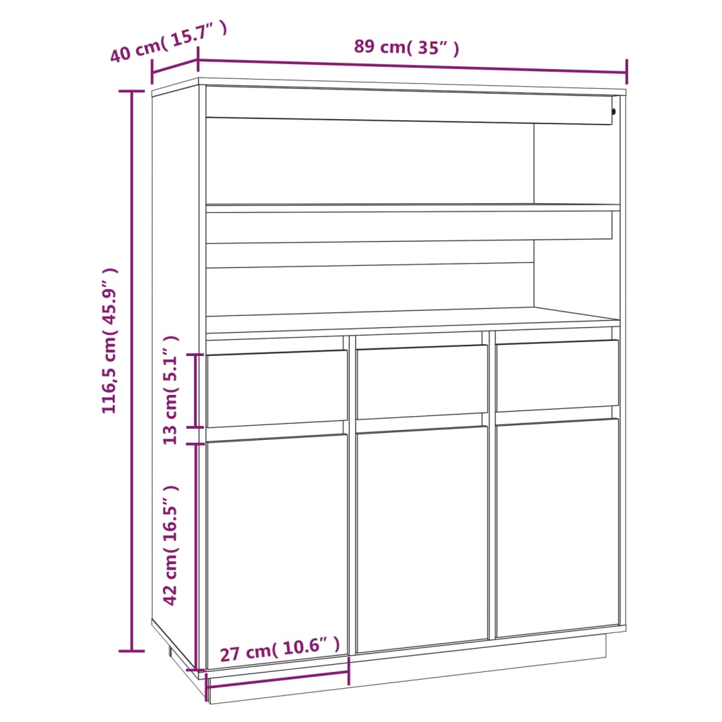 vidaXL Aparador alto de madera maciza de pino 89x40x116,5 cm