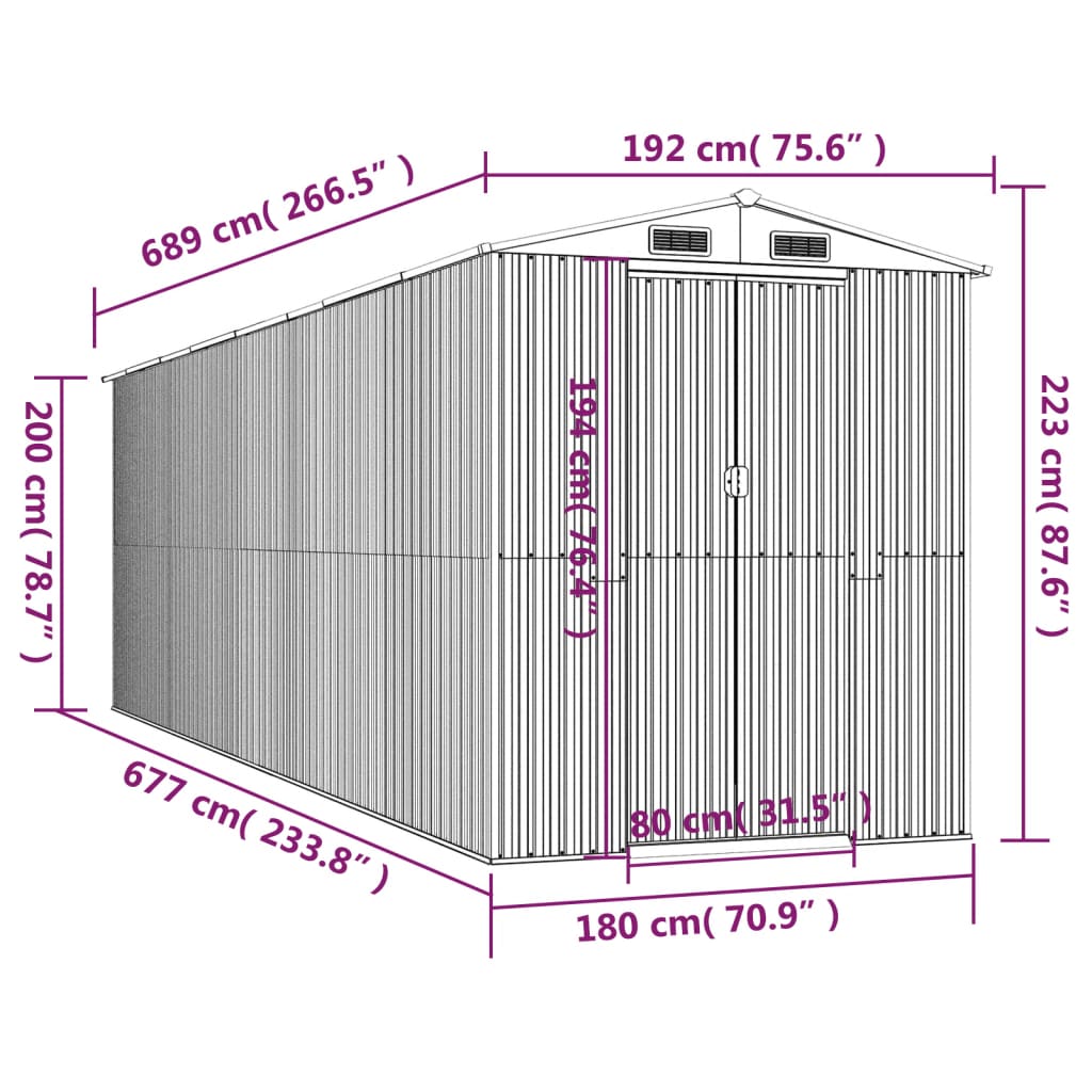 vidaXL Cobertizo de jardín acero galvanizado verde 192x689x223 cm