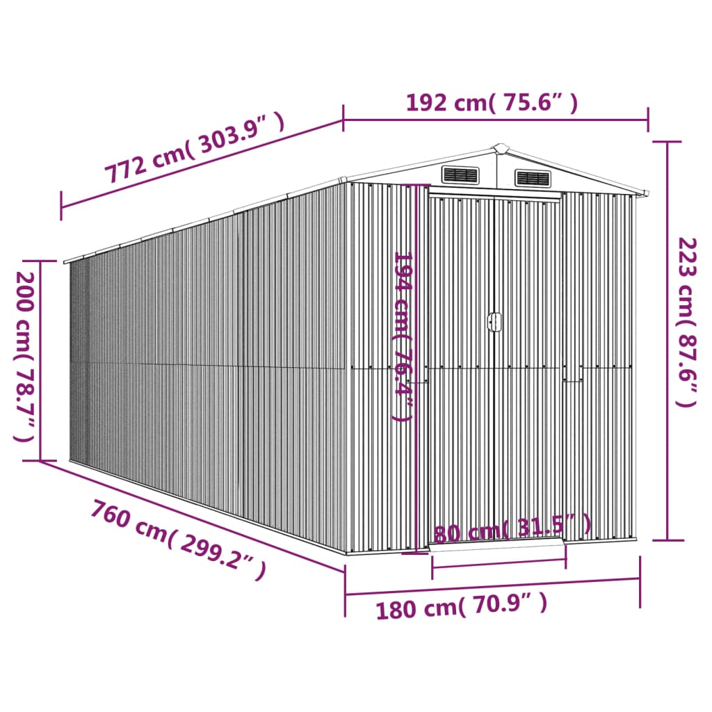 vidaXL Cobertizo de jardín acero galvanizado verde 192x772x223 cm