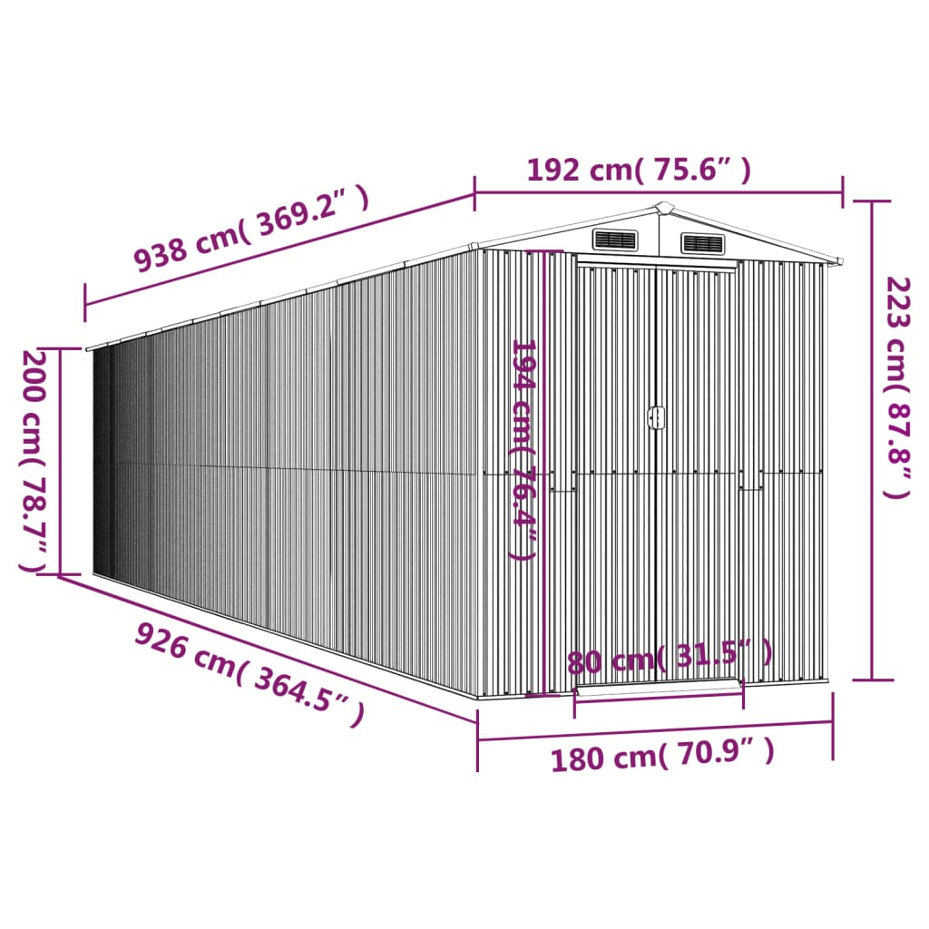 vidaXL Cobertizo de jardín acero galvanizado verde 192x938x223 cm