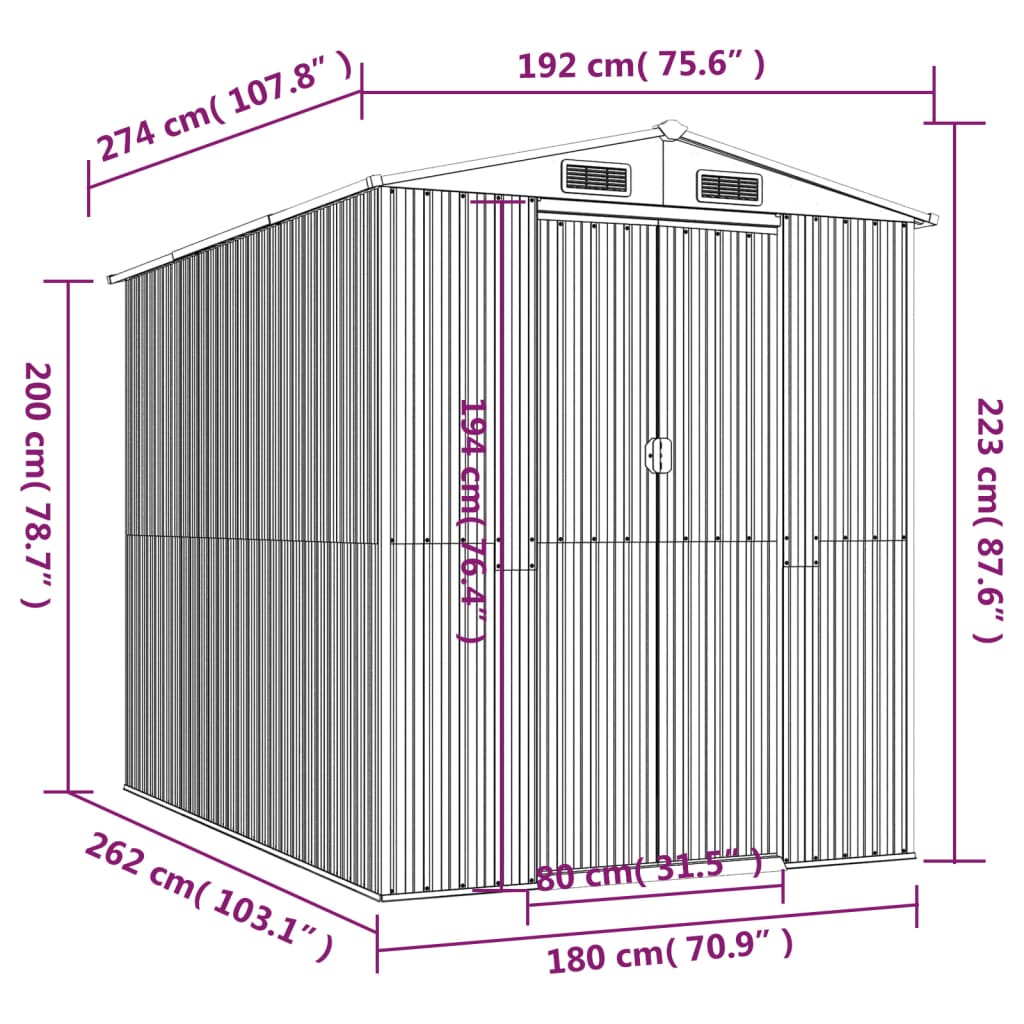 vidaXL Cobertizo de jardín acero galvanizado gris claro 192x274x223 cm