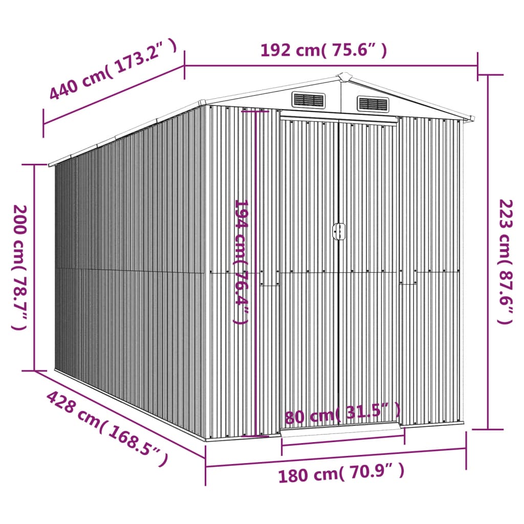 vidaXL Cobertizo de jardín acero galvanizado gris claro 192x440x223 cm