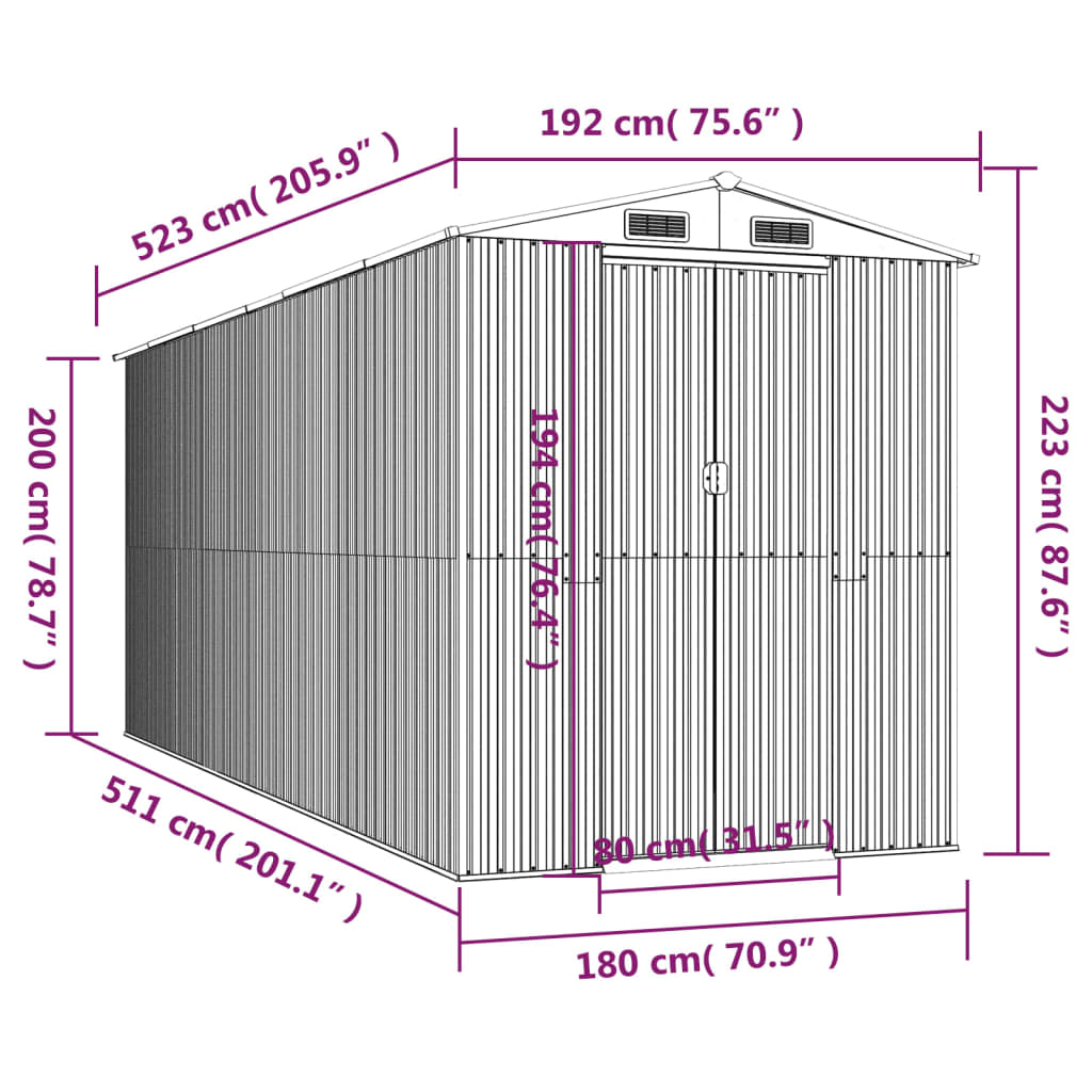 vidaXL Cobertizo de jardín acero galvanizado gris claro 192x523x223 cm