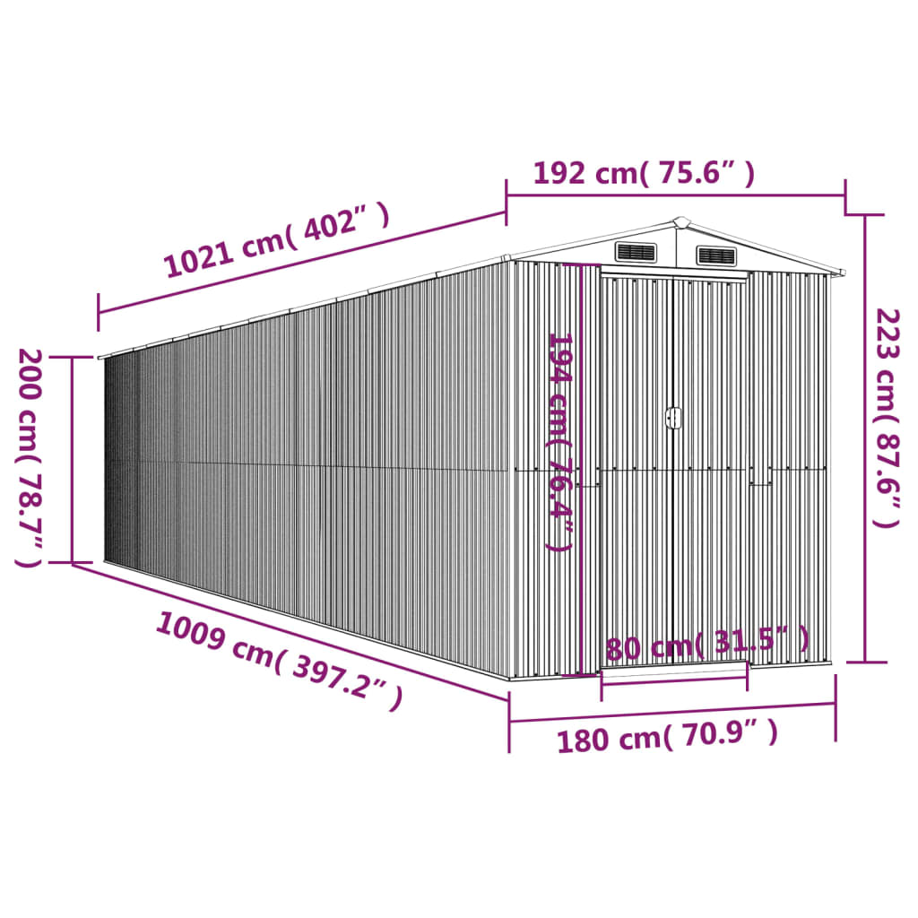 vidaXL Cobertizo de jardín acero galvanizado gris claro 192x1021x223cm