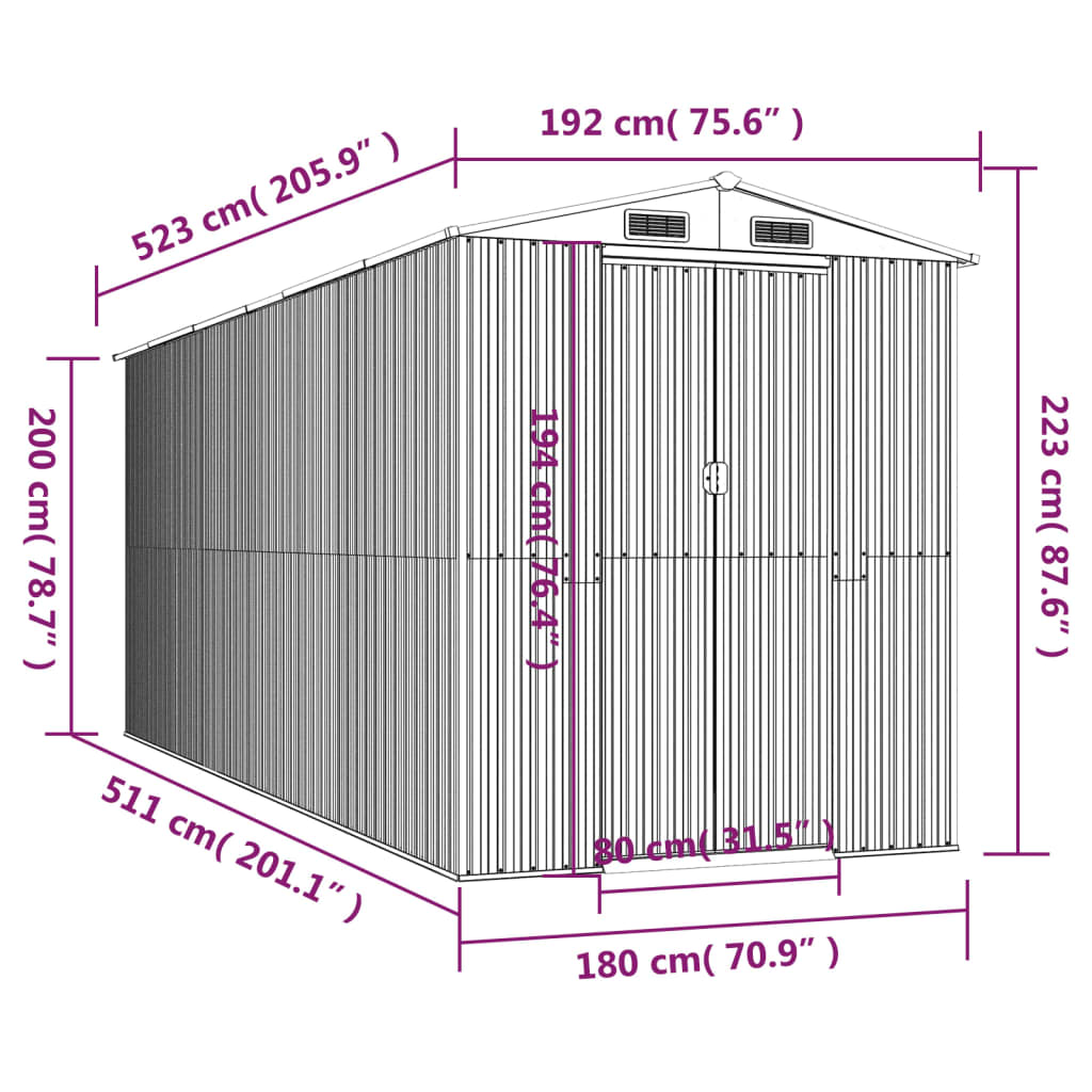 vidaXL Cobertizo de jardín acero galvanizado antracita 192x523x223 cm