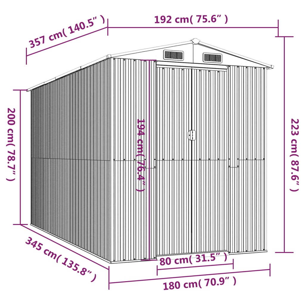 vidaXL Cobertizo jardín acero galvanizado marrón oscuro 192x357x223 cm