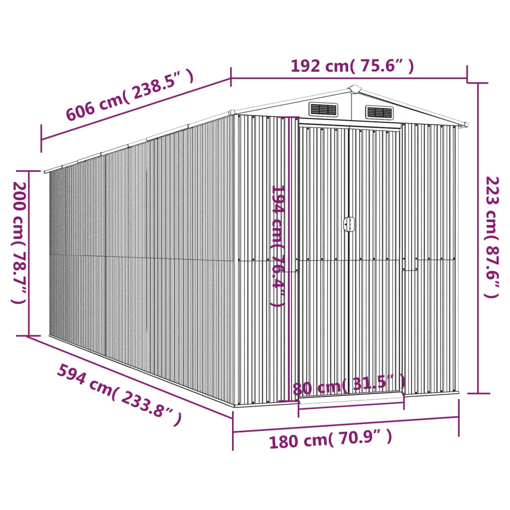 vidaXL Cobertizo jardín acero galvanizado marrón oscuro 192x606x223 cm