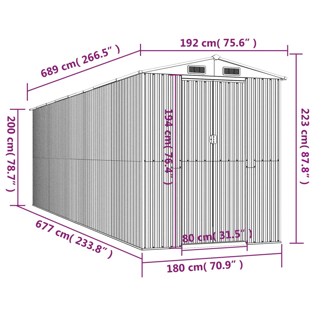 vidaXL Cobertizo jardín acero galvanizado marrón oscuro 192x689x223 cm