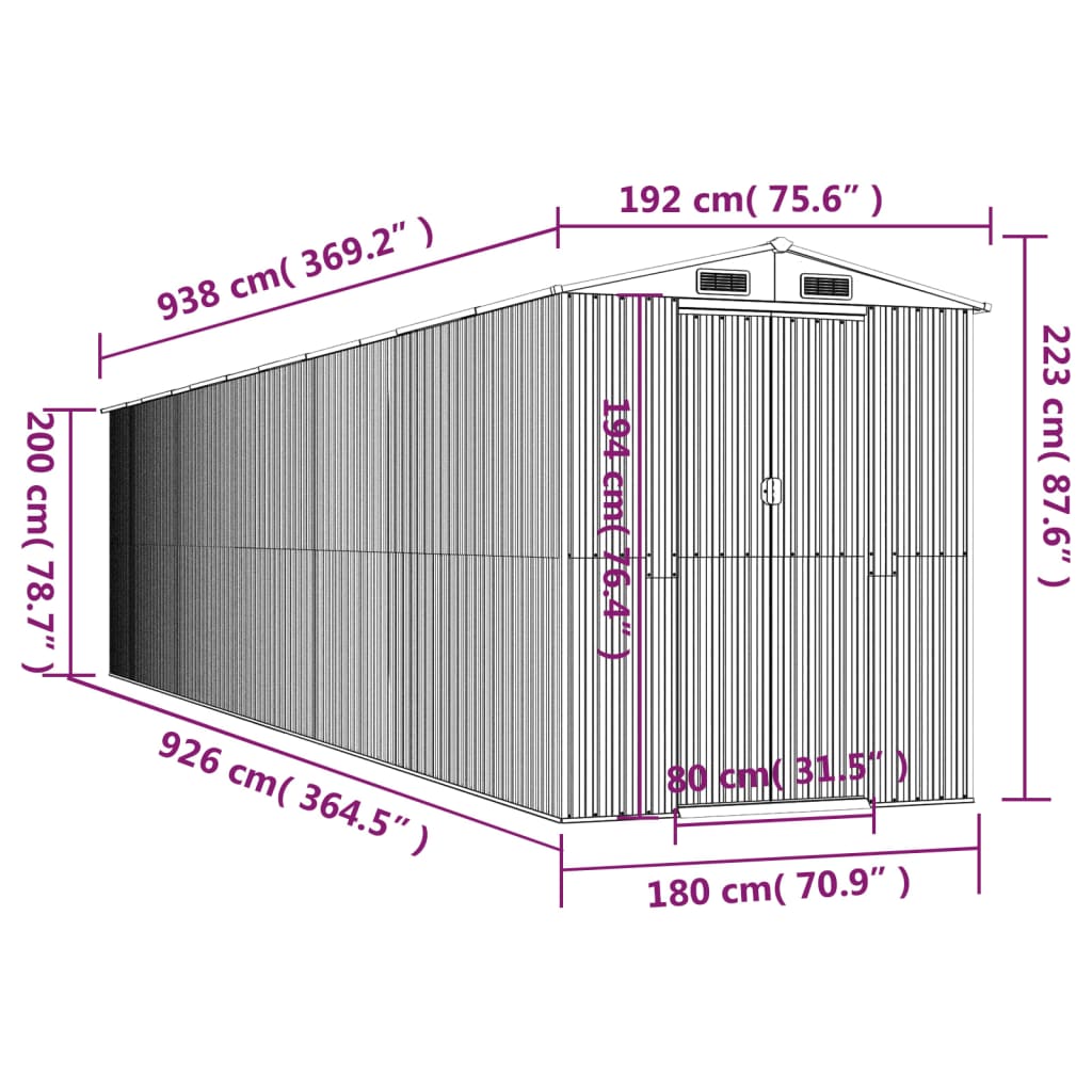 vidaXL Cobertizo jardín acero galvanizado marrón oscuro 192x938x223 cm