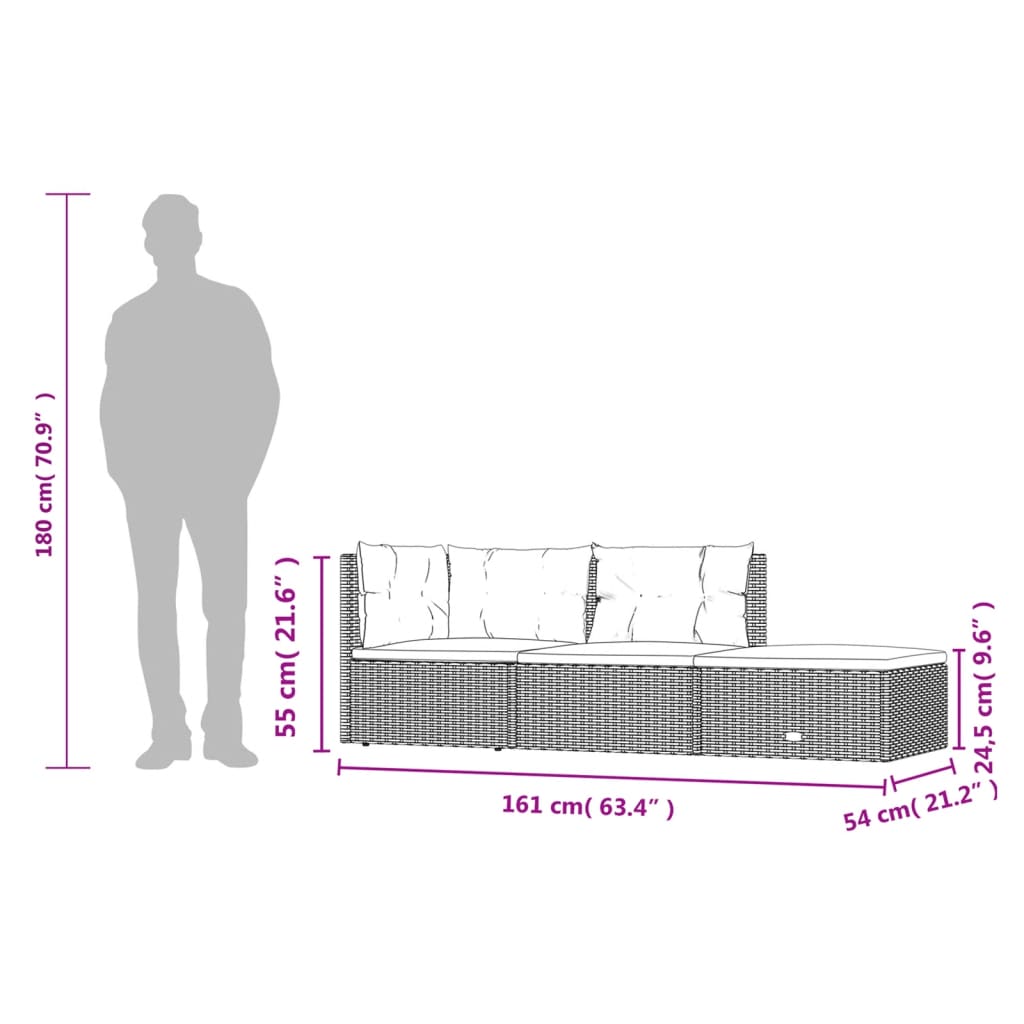 vidaXL Set de muebles de jardín 3 pzas y cojines ratán sintético negro