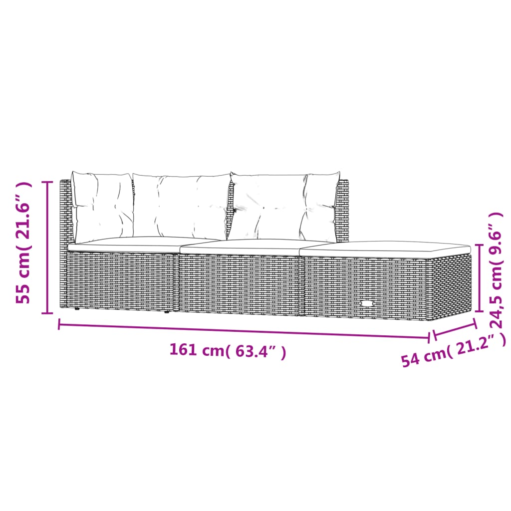 vidaXL Set de muebles de jardín 3 pzas y cojines ratán sintético negro